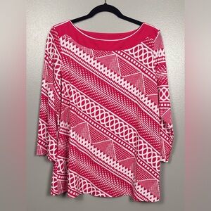 Susan Graver 3/4 Sleeve Blouse Pink White Patterned Sz Large Slinky Stretch
